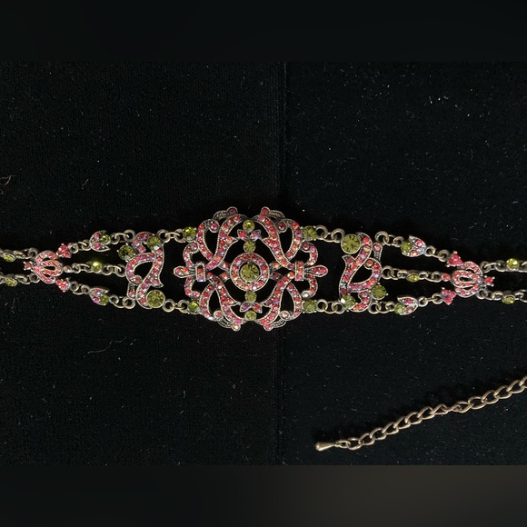 Retro style Art Deco choker. Peridot & Red stones Bronze finish 2”x1 3/4” centre - Picture 2 of 8